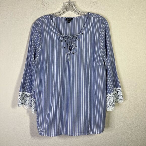 A New Approach Women's Blue White Striped‎ Tie Neck 3/4 Sleeve Blouse Size Large - Picture 1 of 7